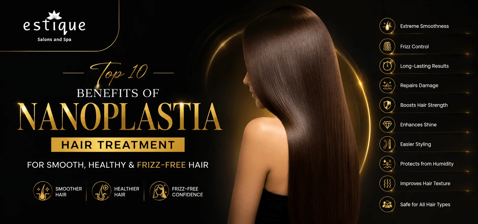 Woman with smooth, shiny hair after Nanoplastia Hair Treatment at Estique Salon and Spa in Thane.