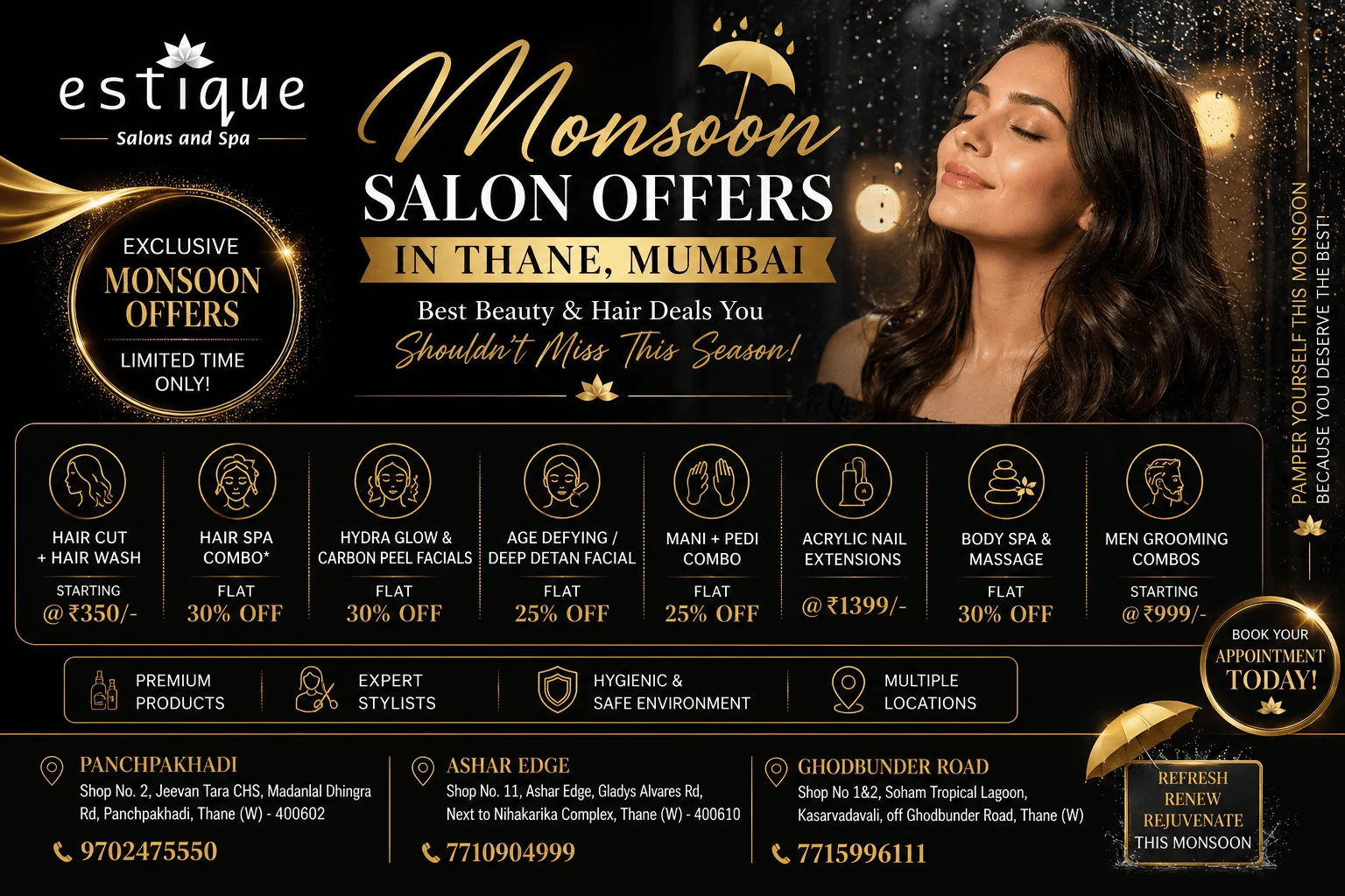 Monsoon salon offers at Estique Salon & Spa in Thane featuring discounts on haircuts, hair spa, facials, manicure, pedicure, nail extensions, body spa, and grooming services.